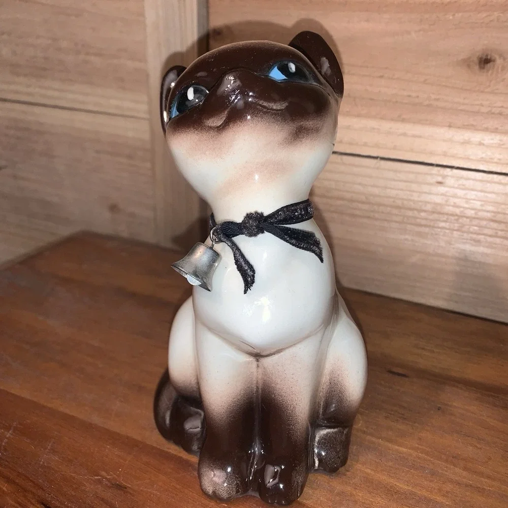 VTG Siamese Cat Ceramic Planter Granny Cottage Core Mid-Century Blue Eyes W/bell